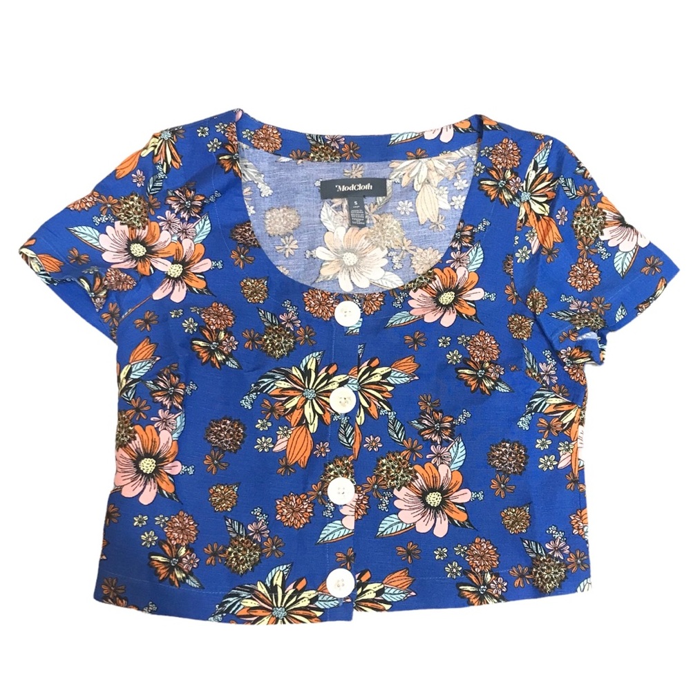 ModCloth Breezy Days On My Mind Button-Up Crop Top S blue floral flowers